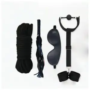 Juego de Bondage y Restricción de 4 Piezas | Kit de Iniciación BDSM para Parejas con Arnés Integrado, Cuerda Shibari, Látigo y Antifaz miniatura 1